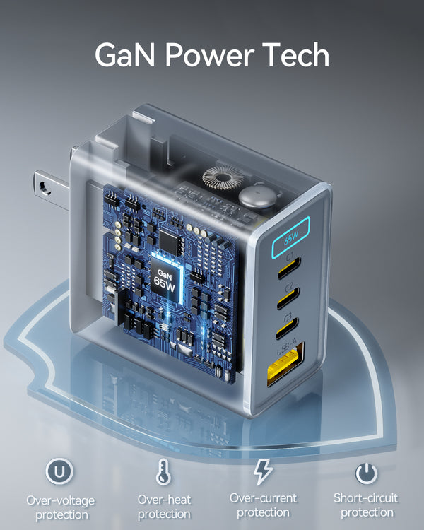 RayCue BlitzCharge GaN 65W 4-Port USB Fast Charger for MacBook, iPhone, iPad -US Plug