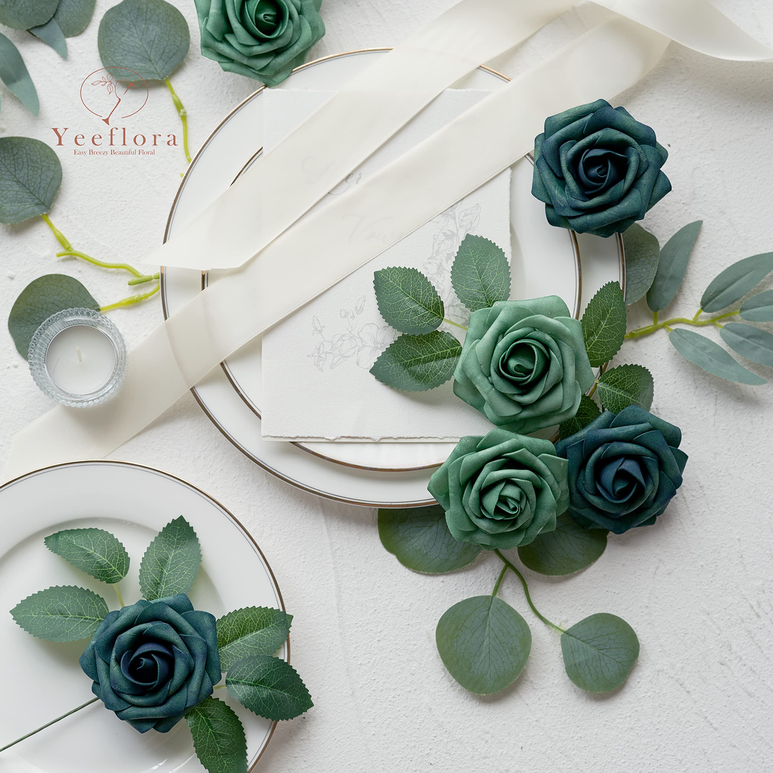 YEEFLORA Artificial Flowers, 25pcs Realistic Artificial Rose 