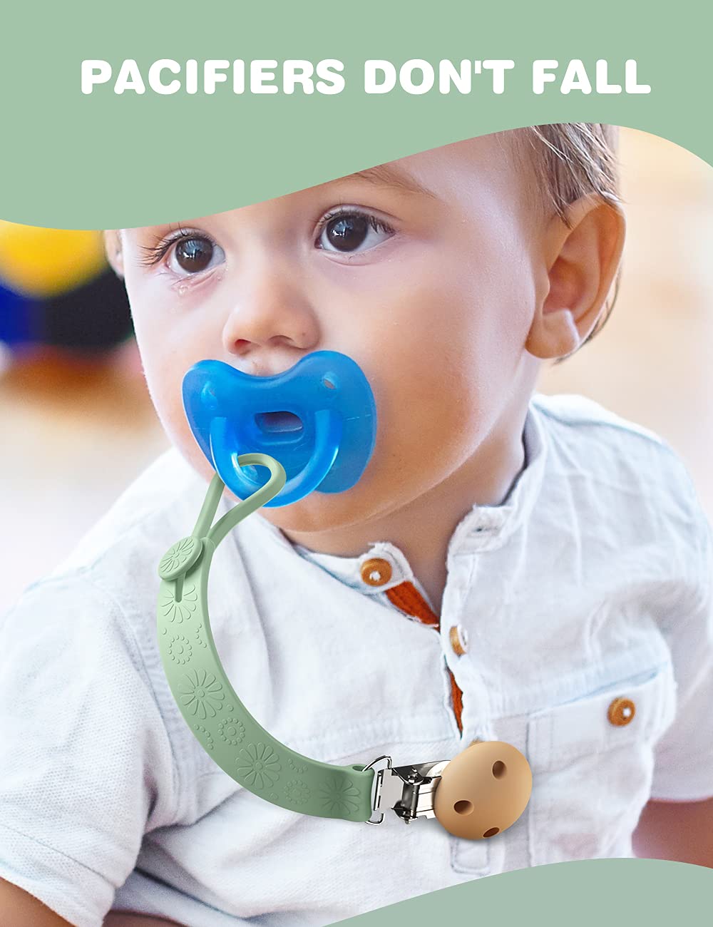 Pacifier Clips, Mamild Silicone Paci Clip Soothie Binky Clips for Baby Boys Girls 2 Pack Shower Gift Set (Blue & Brown)