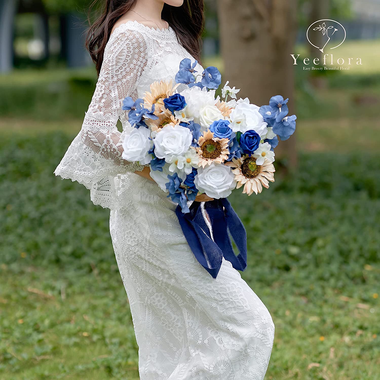 YEEFLORA Dusty Blue Wedding Bouquet for Bride,Royal Blue and White Flower Bouquets for Wedding