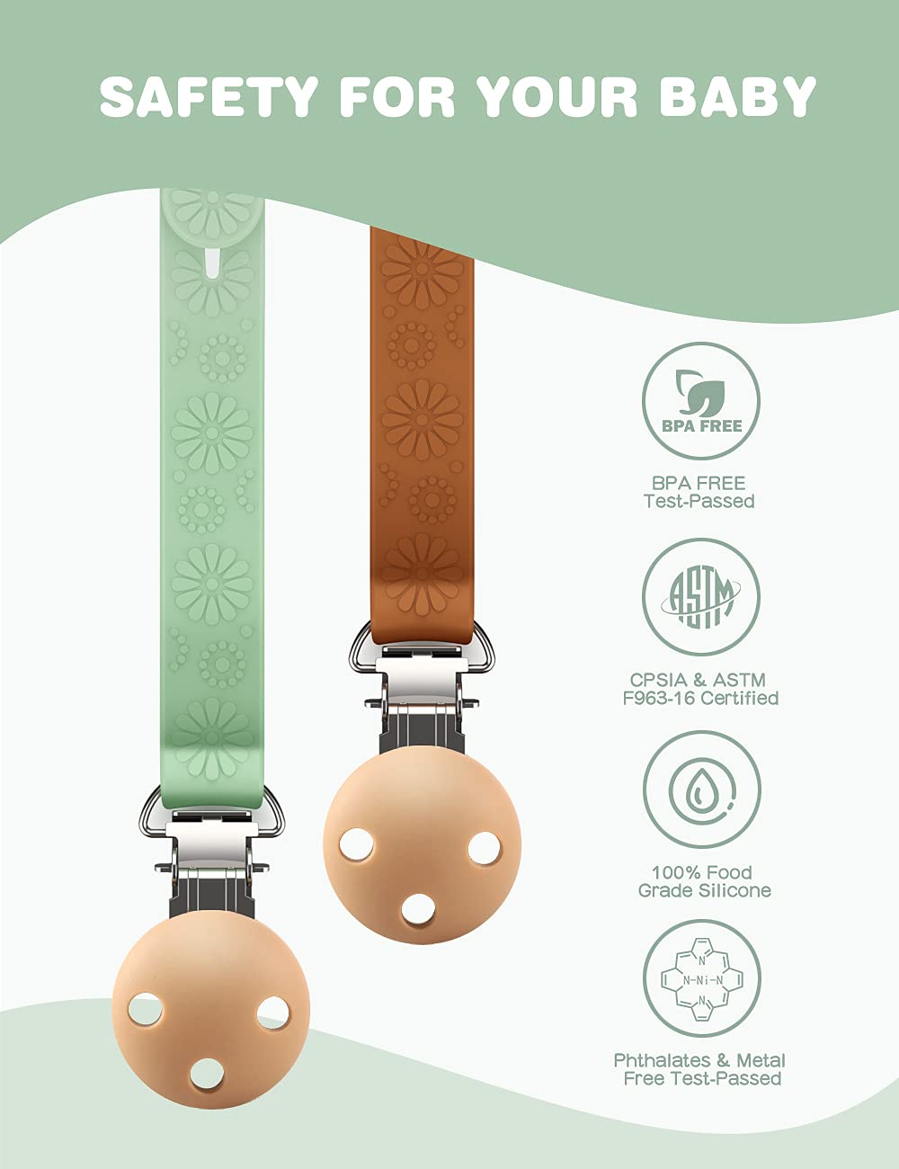 Pacifier Clips, Mamild Silicone Paci Clip Soothie Binky Clips for Baby Boys Girls 2 Pack Shower Gift Set (Blue & Brown)