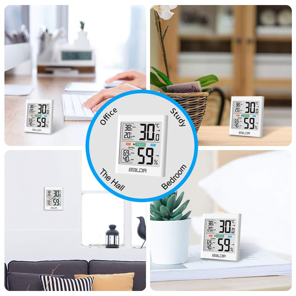 Digital Thermometer Hygrometer Indoor Temperature and Humidity Meter with MIN/MAX Records White Backlight Comfort Display for Baby Room, Living Room, Office, etc (White)