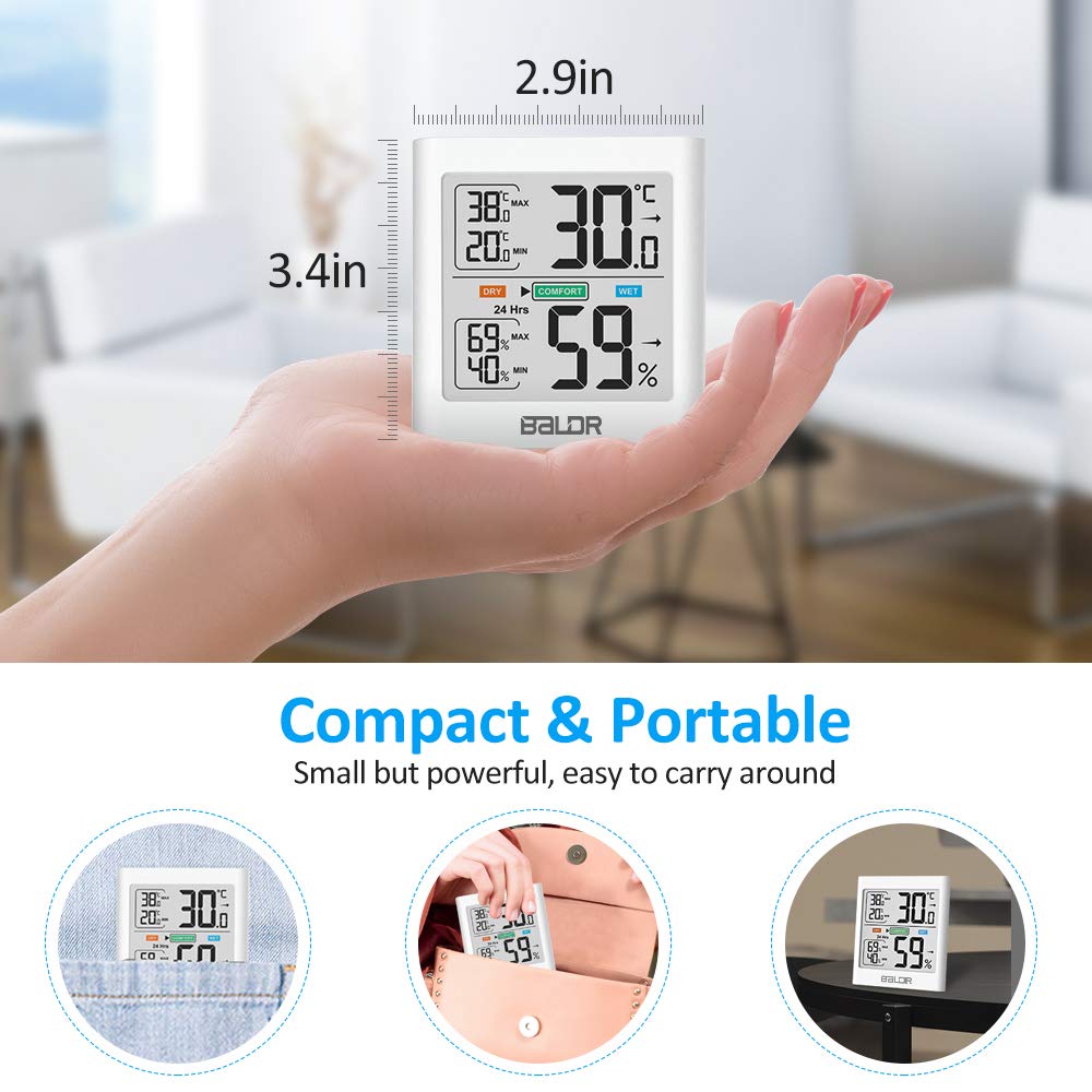 Digital Thermometer Hygrometer Indoor Temperature and Humidity Meter with MIN/MAX Records White Backlight Comfort Display for Baby Room, Living Room, Office, etc (White)