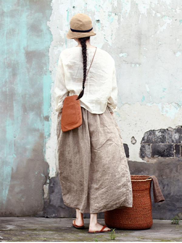 VINTAGE SOLID LINEN DRAWSTRING SKIRT