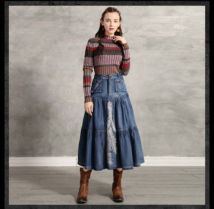 Skirt Retro Embroidered Denim Skirt