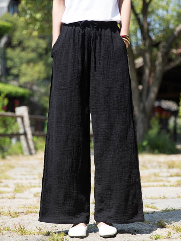 LOOSE SOLID LINEN LACE-UP STRAIGHT PANTS