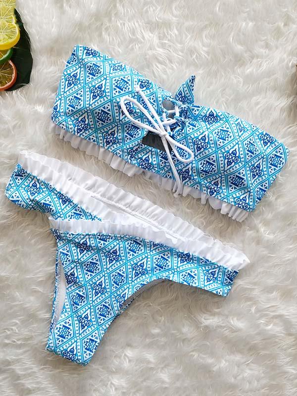 Bandage Strapless Printed Bikinis Swimwear