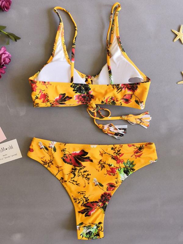 Yellow Printed Spaghetti Straps Bikinis Swimwear