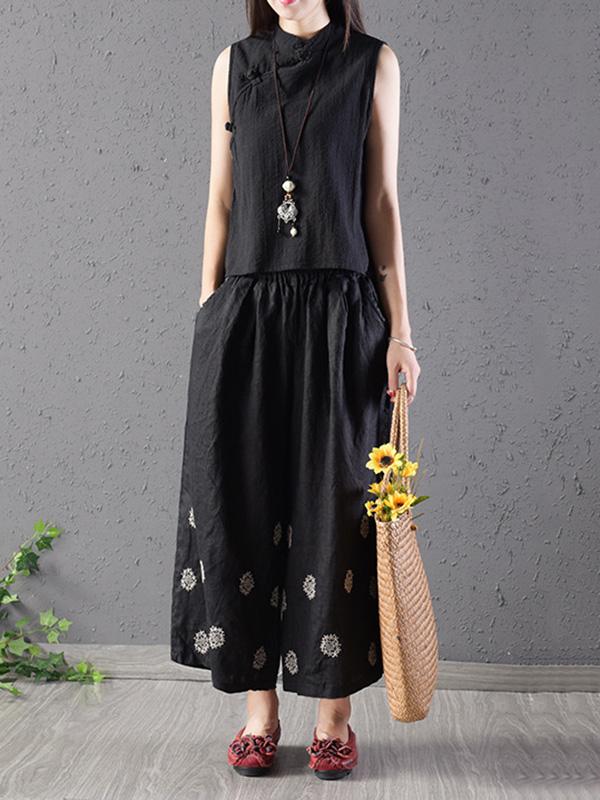 Loose Wide-leg Flower Embroidered Pants