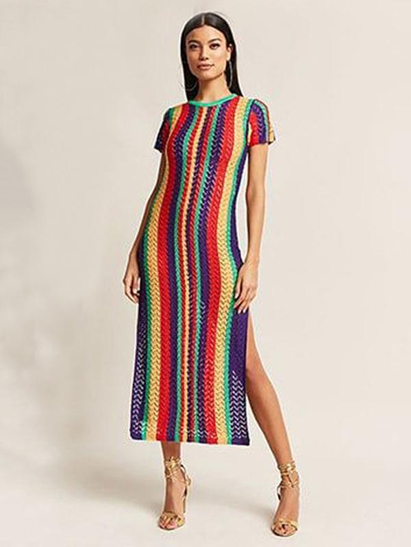 Colorful Stripes Split-side Cover-up Swimwear