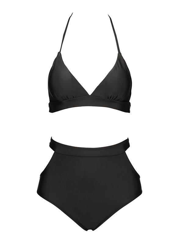 Solid Black Hollow Bikinis Swimwear