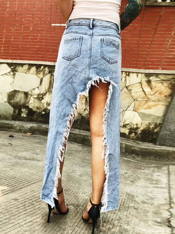 Original Irregularity Fringed Split Front Denim Skirt