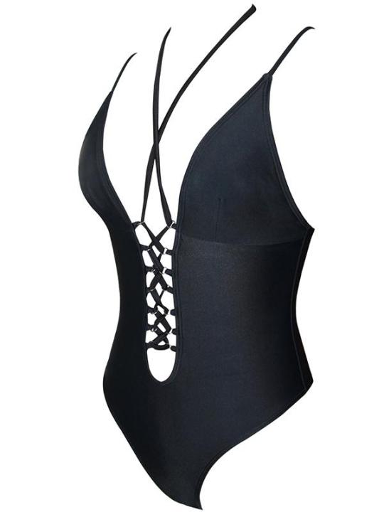 Black Spaghetti Straps One Piece Swimwear