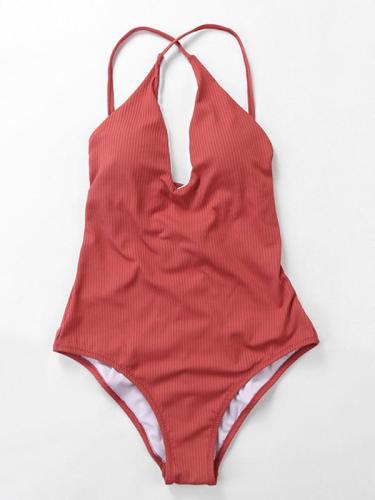 Plain Ribbed One-piece Swimwear