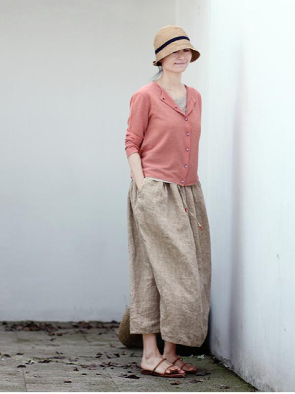 VINTAGE SOLID LINEN DRAWSTRING SKIRT