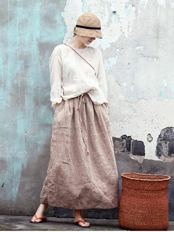 VINTAGE SOLID LINEN DRAWSTRING SKIRT
