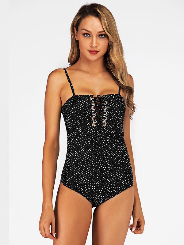 Polka Dot Lace Up One Piece Swimsuit