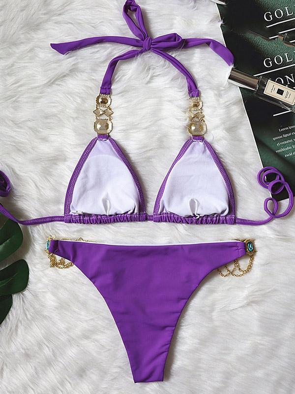 Gorgeous Embellished Triangles Halterneck Split Bikini Swimsuit 6934