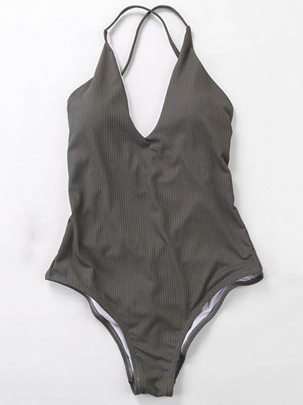 Plain Ribbed One-piece Swimwear