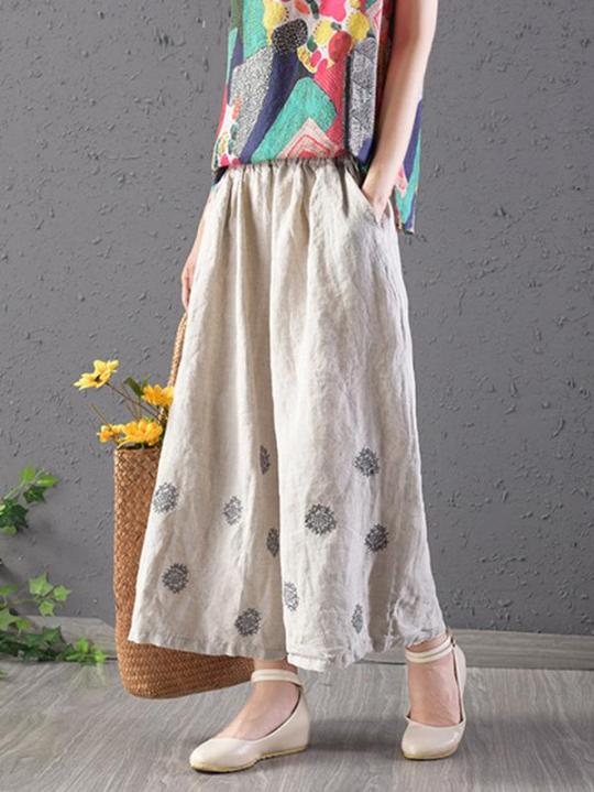 Loose Wide-leg Flower Embroidered Pants