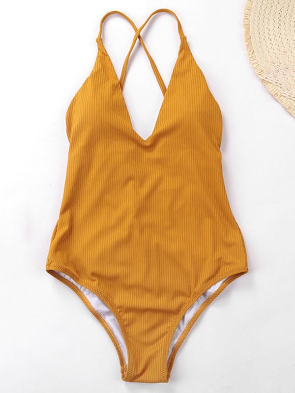 Plain Ribbed One-piece Swimwear