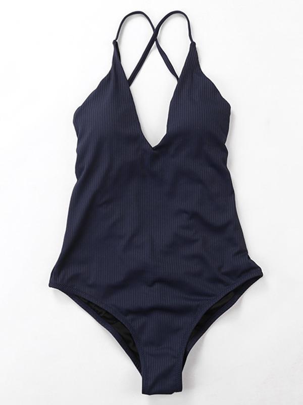 Plain Ribbed One-piece Swimwear