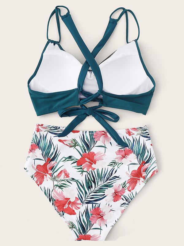 Floral-Print Color-Block Backless Split Bikini Swimsuit