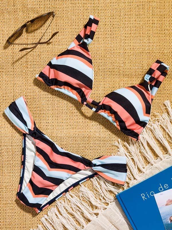 Striped Bandage Dull Bikinis Swimwear