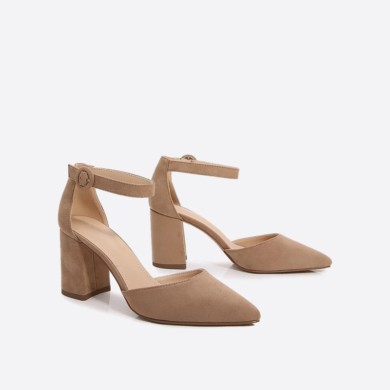 Suede Chunky Heeled Ankle Strap Pumps
