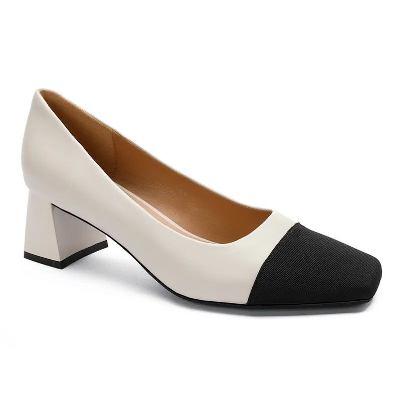 Square Toe Two Tone Chunky Heeled Pumps