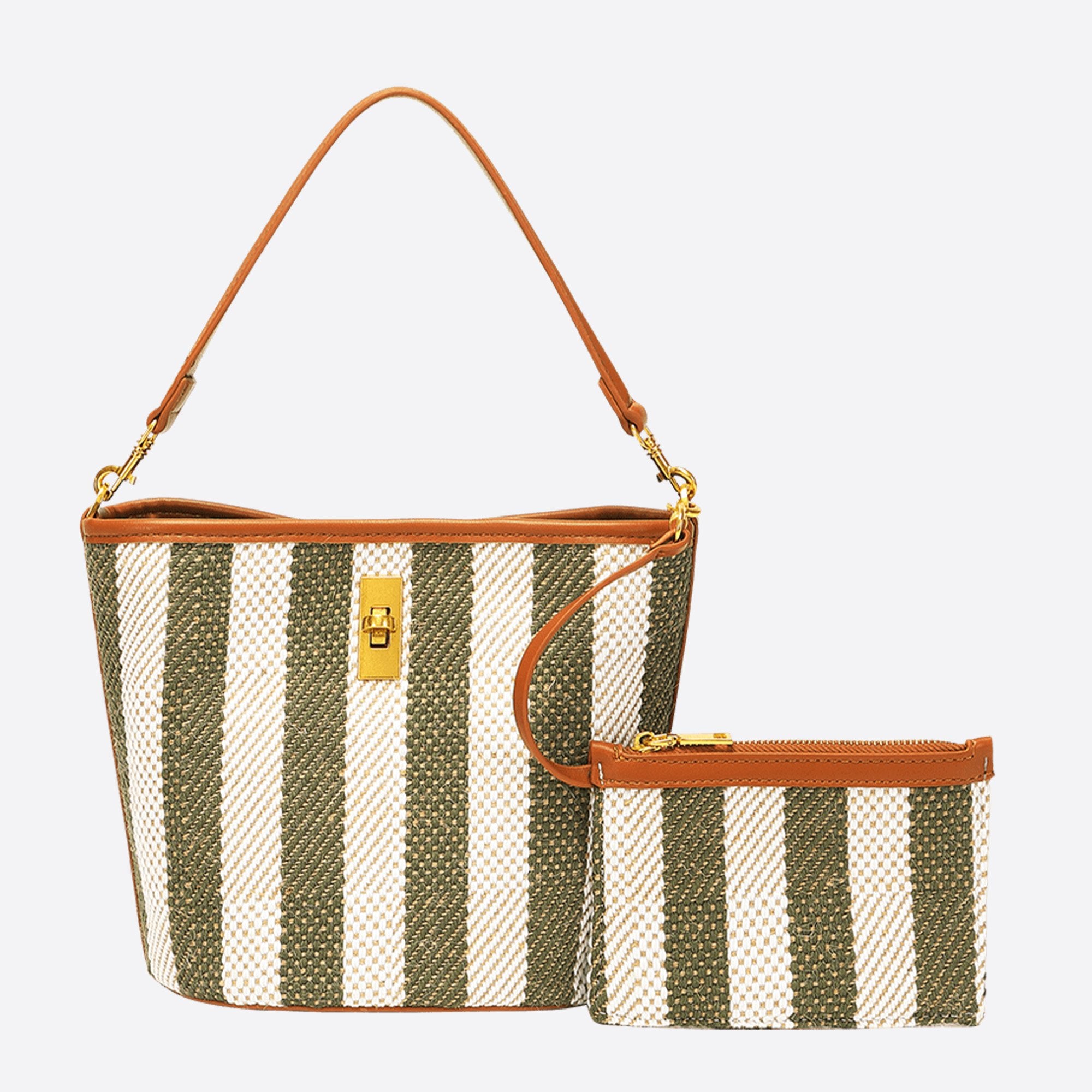 Canvas Stripe Shoulder Bucket Handbag