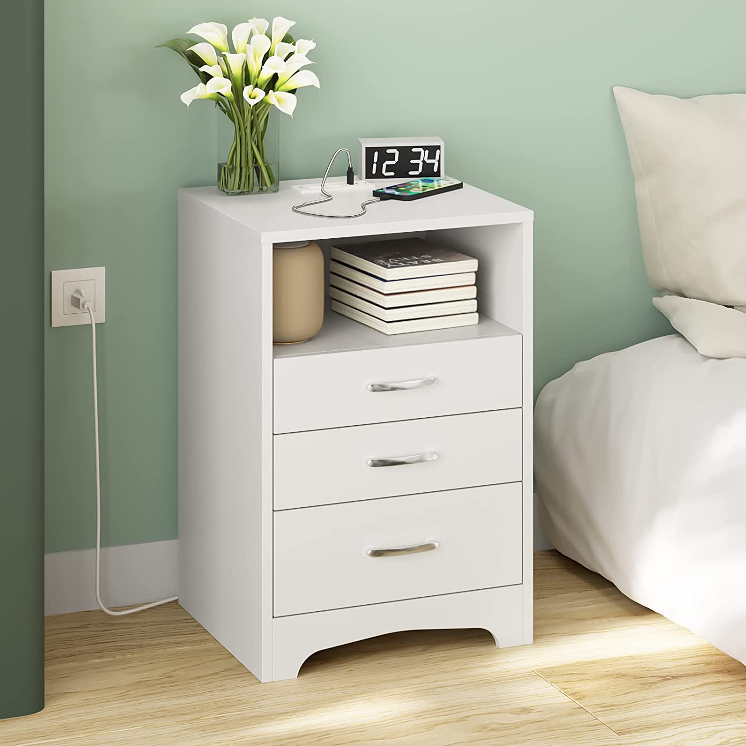 Brackett Plug-In Wood End Table with Storage Shelf 2 Drawers Nightstand Side Table Cabinet Bedside Furniture Wade Logan Color: White