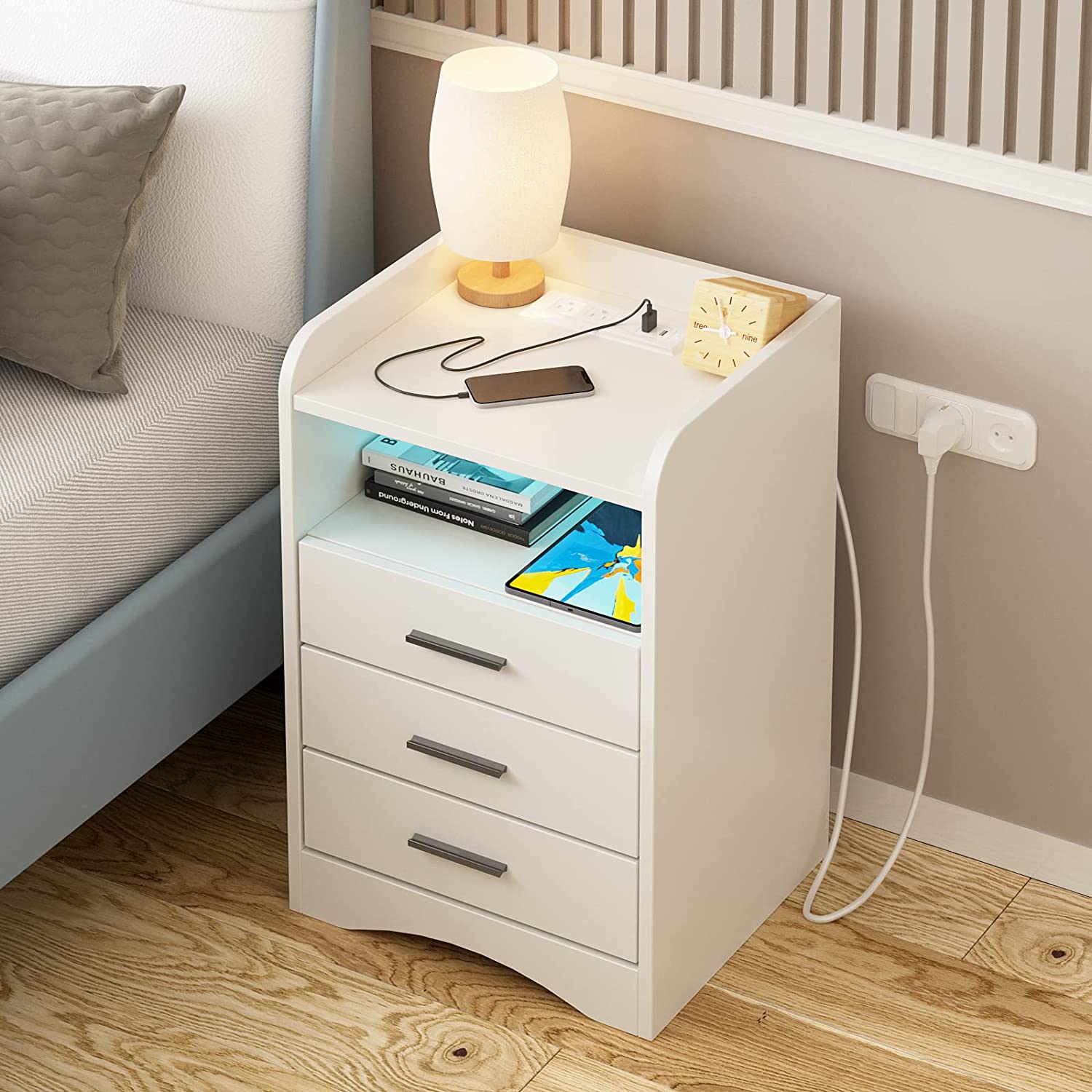 Brackett Plug-In Wood End Table with Storage Shelf 2 Drawers Nightstand Side Table Cabinet Bedside Furniture Wade Logan Color: White