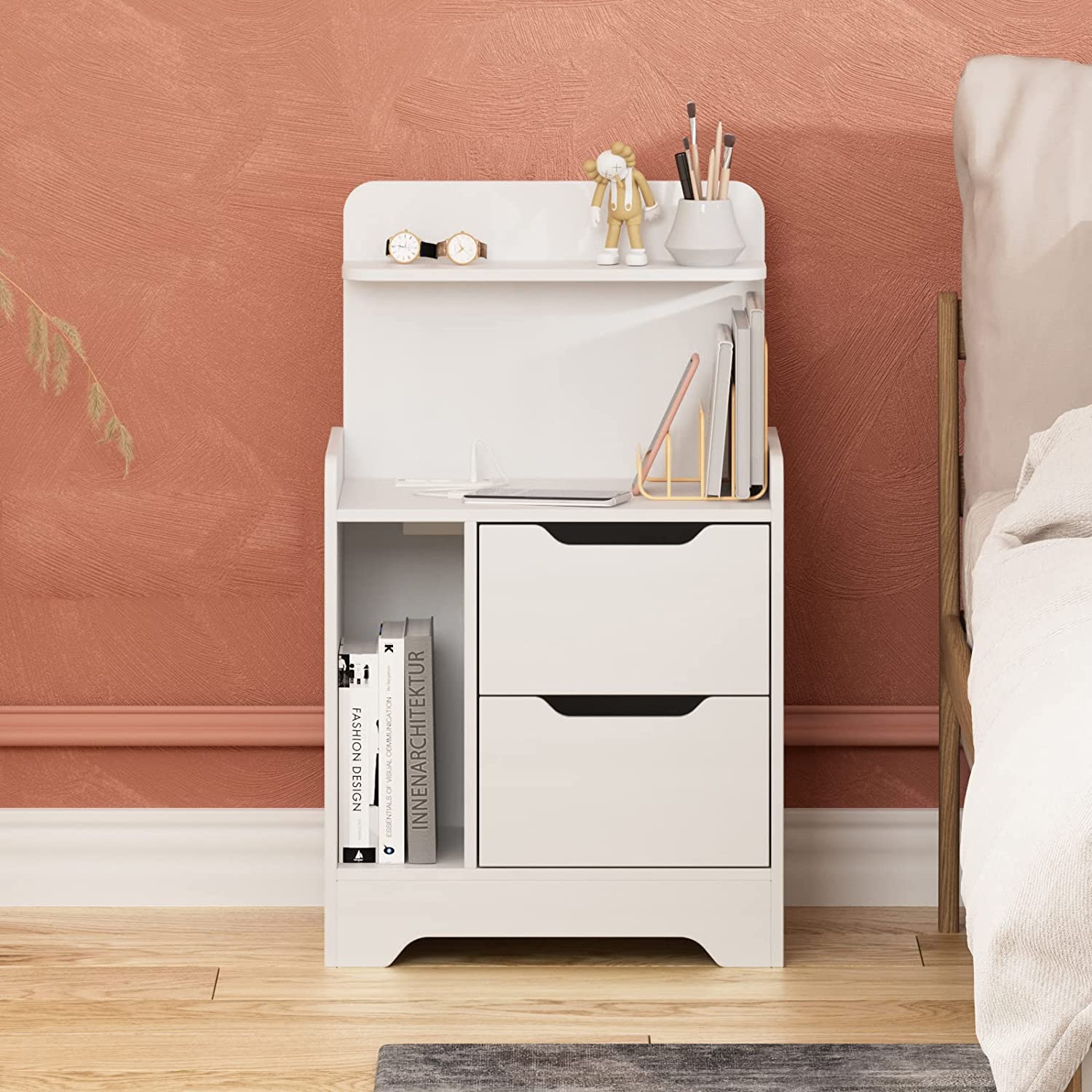 Brackett Plug-In Wood End Table with Storage Shelf 2 Drawers Nightstand Side Table Cabinet Bedside Furniture Wade Logan Color: White