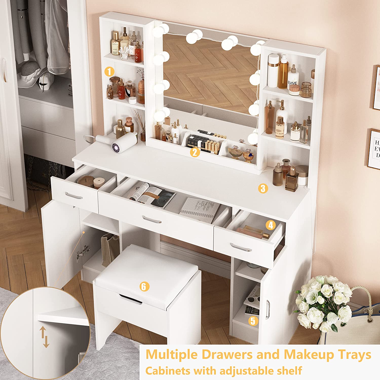 Vabches White Vanity Desk with Mirror and Lights, Vanity Table