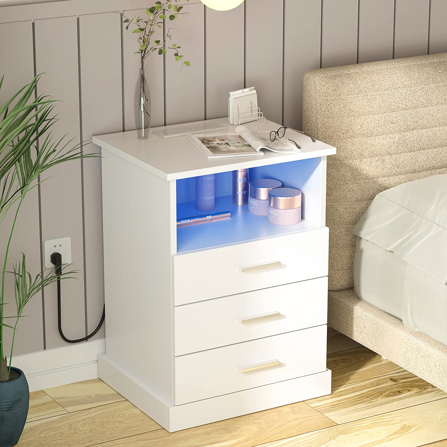 Brackett Plug-In Wood End Table with Storage Shelf 2 Drawers Nightstand Side Table Cabinet Bedside Furniture Wade Logan Color: White