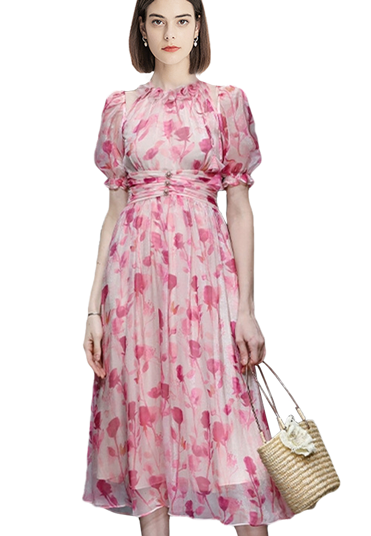 2023 Summer women's new temperament pink printed puffed sleeve gauze dress CA061501