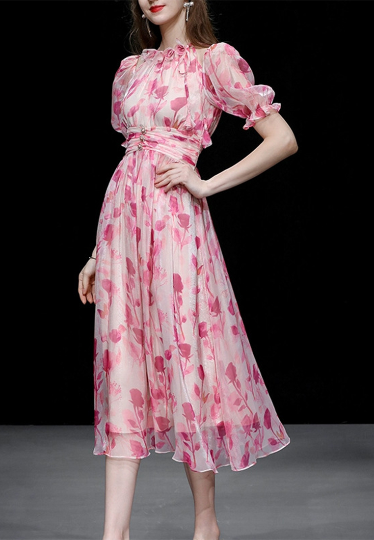 2023 Summer women's new temperament pink printed puffed sleeve gauze dress CA061501