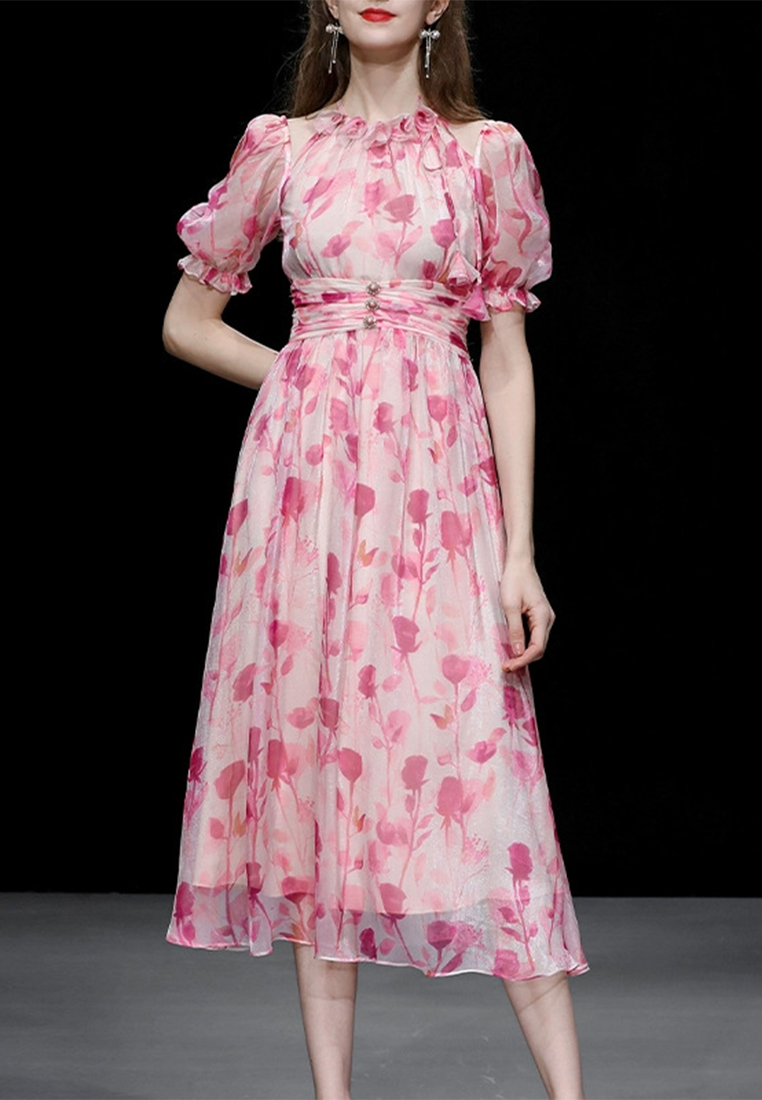 2023 Summer women's new temperament pink printed puffed sleeve gauze dress CA061501