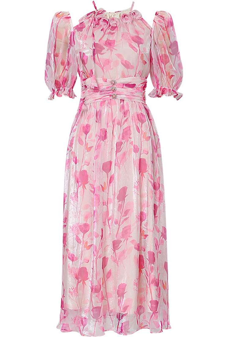 2023 Summer women's new temperament pink printed puffed sleeve gauze dress CA061501