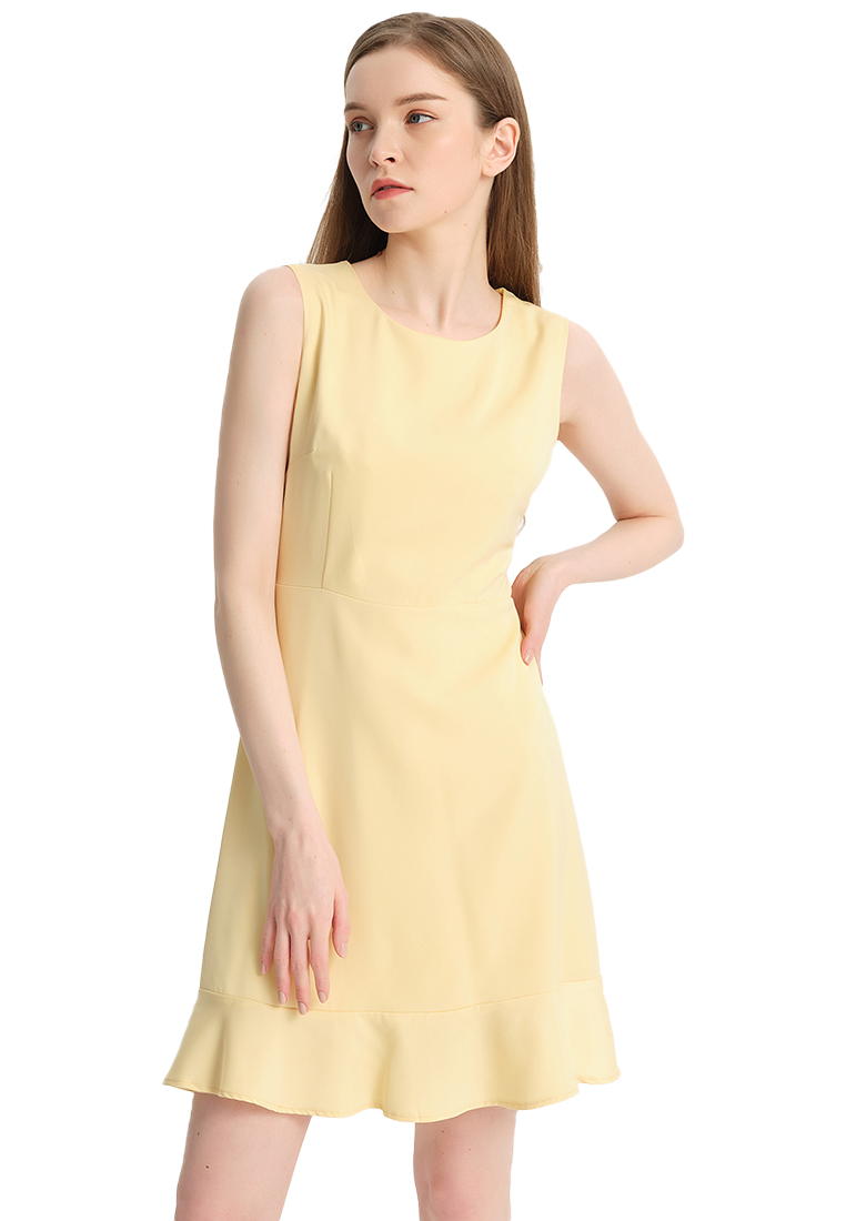 2022 S/S Women Ladies Korean version Casual Elegant Simple for office Yellow Solid Color Faux Silk Satin One-Piece Dress