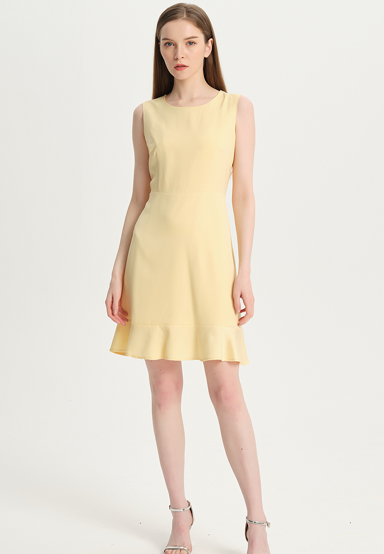 Women Ladies Korean version Casual Elegant Simple for office Yellow Solid Color Faux Silk Satin One-Piece Dress B22041210-sunnydaysweety