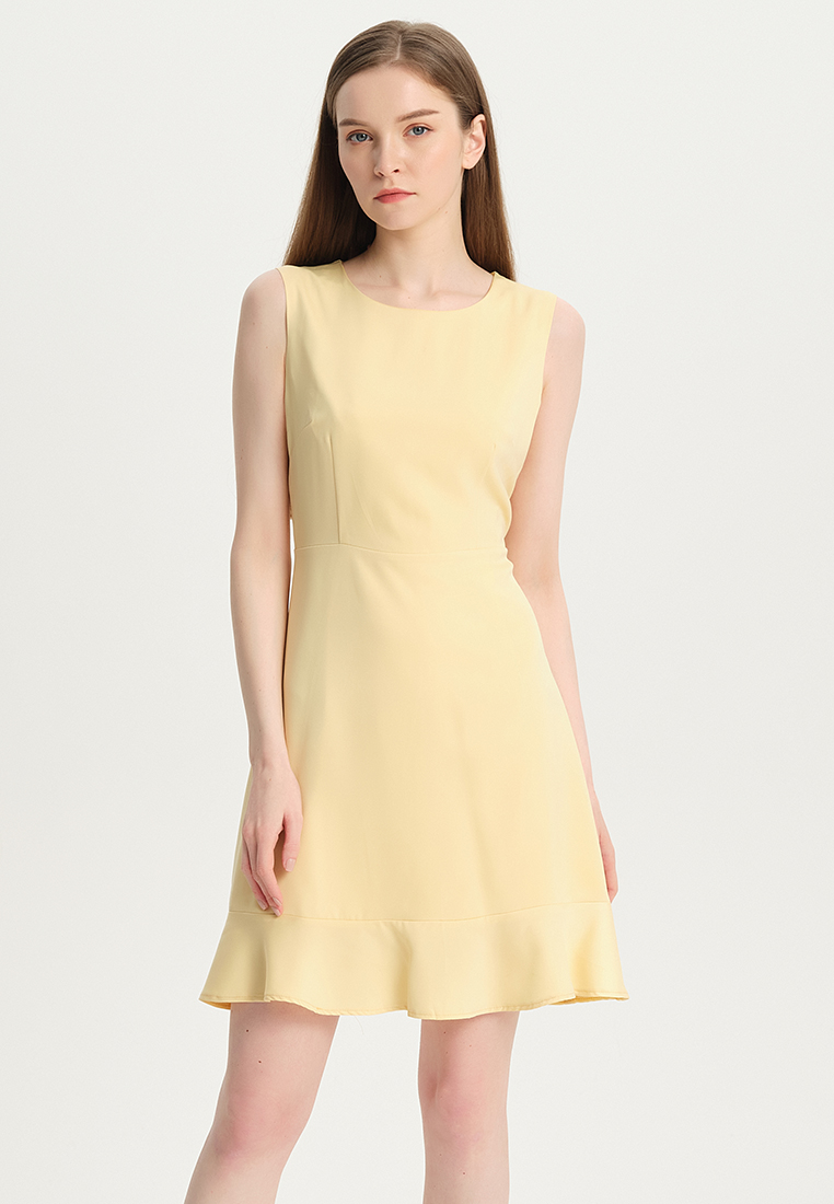 Women Ladies Korean version Casual Elegant Simple for office Yellow Solid Color Faux Silk Satin One-Piece Dress B22041210-sunnydaysweety
