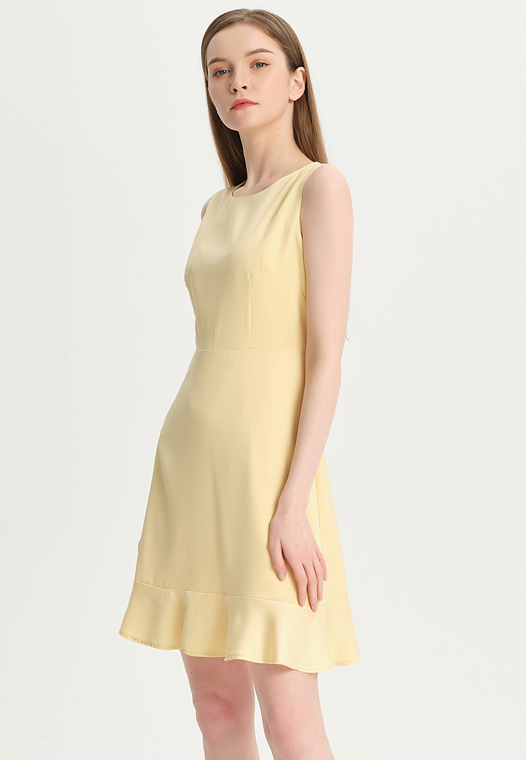 Women Ladies Korean version Casual Elegant Simple for office Yellow Solid Color Faux Silk Satin One-Piece Dress B22041210-sunnydaysweety