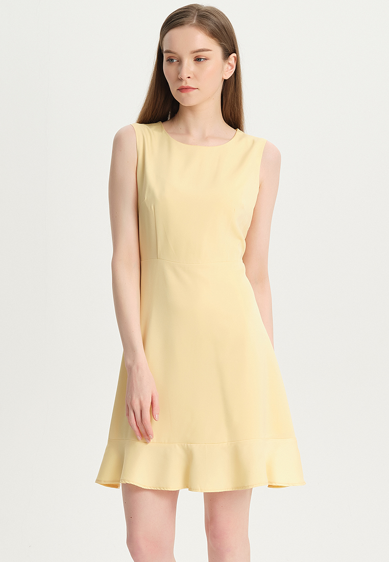 Women Ladies Korean version Casual Elegant Simple for office Yellow Solid Color Faux Silk Satin One-Piece Dress B22041210-sunnydaysweety