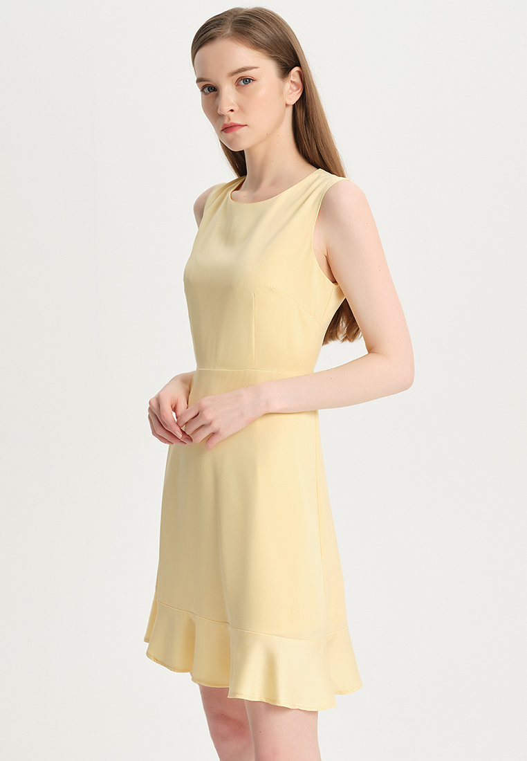 Women Ladies Korean version Casual Elegant Simple for office Yellow Solid Color Faux Silk Satin One-Piece Dress B22041210-sunnydaysweety