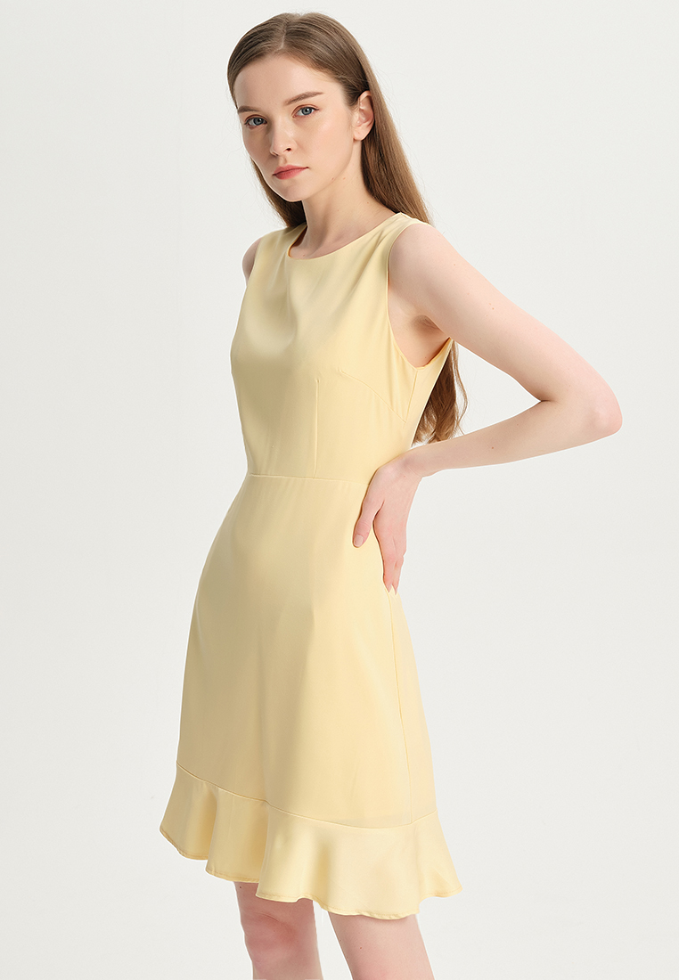 Women Ladies Korean version Casual Elegant Simple for office Yellow Solid Color Faux Silk Satin One-Piece Dress B22041210-sunnydaysweety