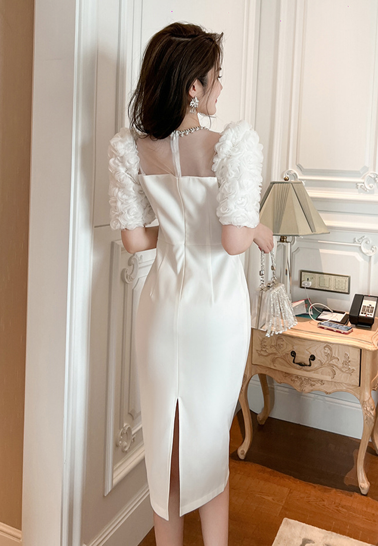 2023 New summer celebrity round neck nail beaded white long dress CA061511WH