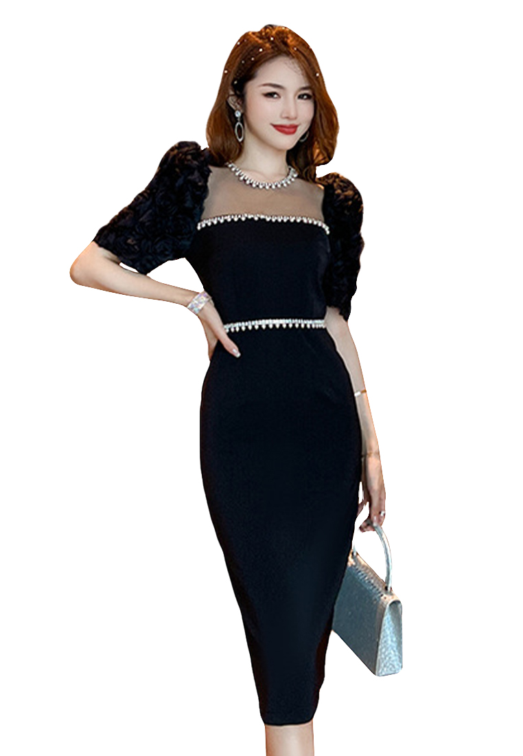 2023 New summer celebrity round neck nail beaded white long dress CA061511WH