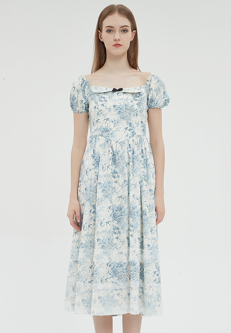 2023 Designer new summer Square Neckline Lace Trim Vintage Elegant Dress B23070512MT